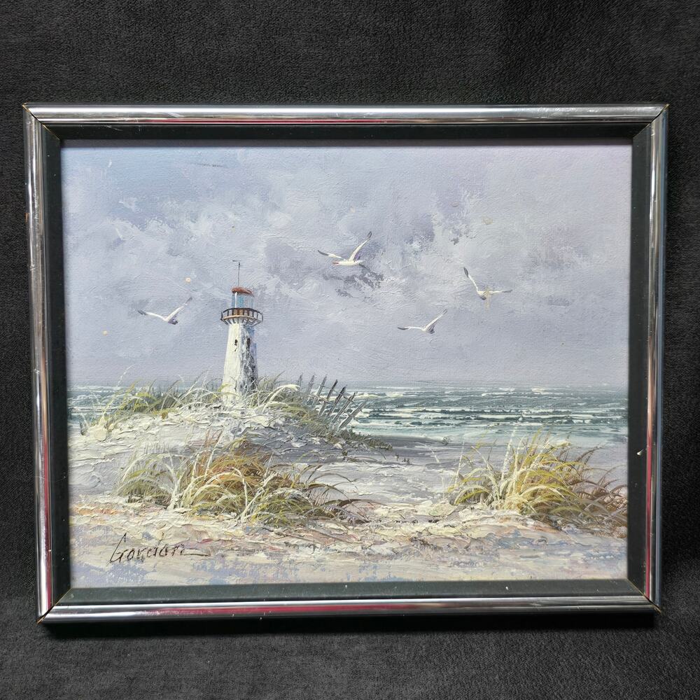 Original Oil Painting Beach Lighthouse Signed Gordon 8' x 10' Wooden Art